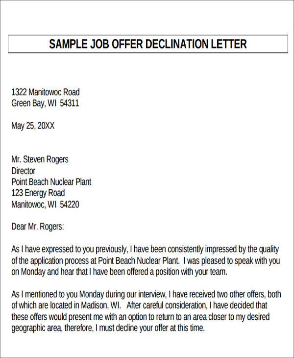 how to decline a job offer sample