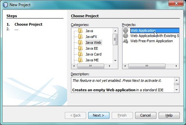 how to choose a java application project on netbeans